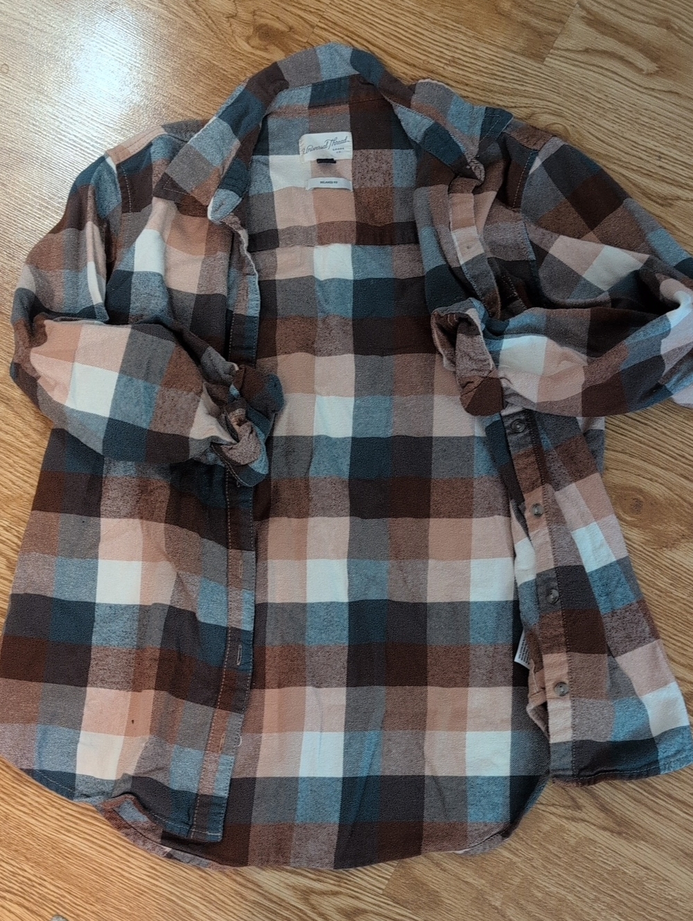 EUC Threshold Brown, Cream & Blue Plaid Button-Down Shirt - Small
